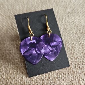 Handmade Purple Guitar Pick Heart Earrings with Gold Hooks